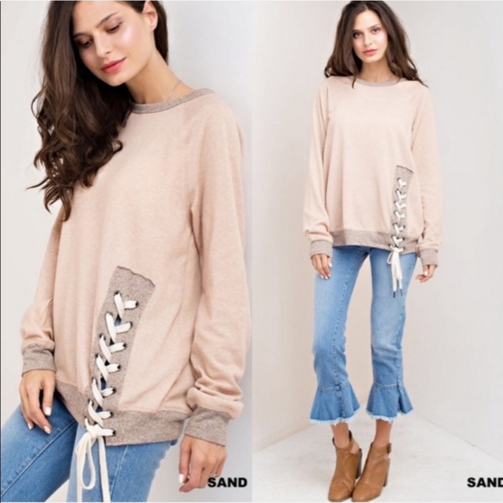 Sand Colored Side Tie Long Sleeve Tunic